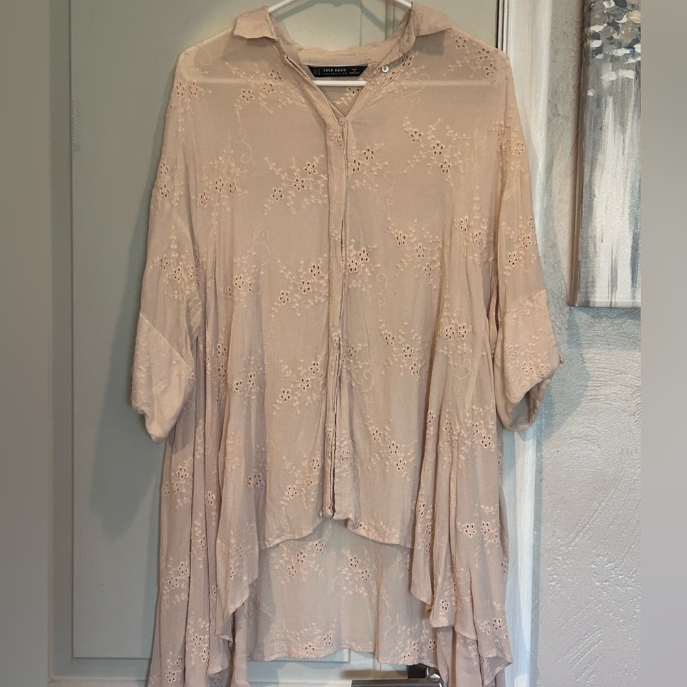 Zara Eyelet Embroidered Asymmetrical Tunic Blouse Top